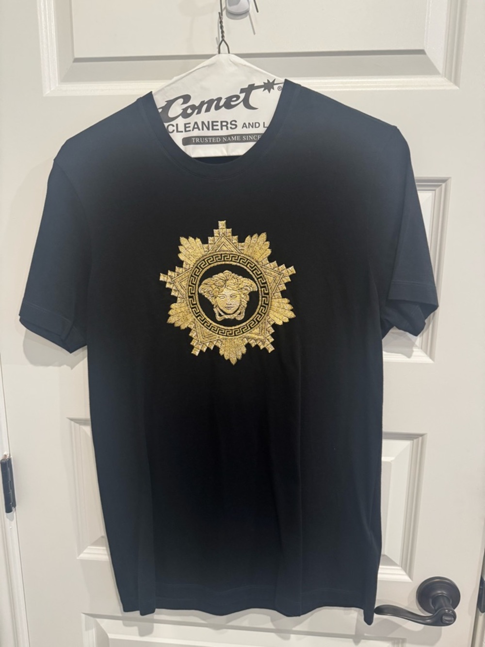 Versace Black Tee with Gold Medusa Crest